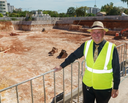 Charles Darwin University Vice-Chancellor, Professor Scott Bowman AO, inspects the completed excavation for the Education and Community Precinct.