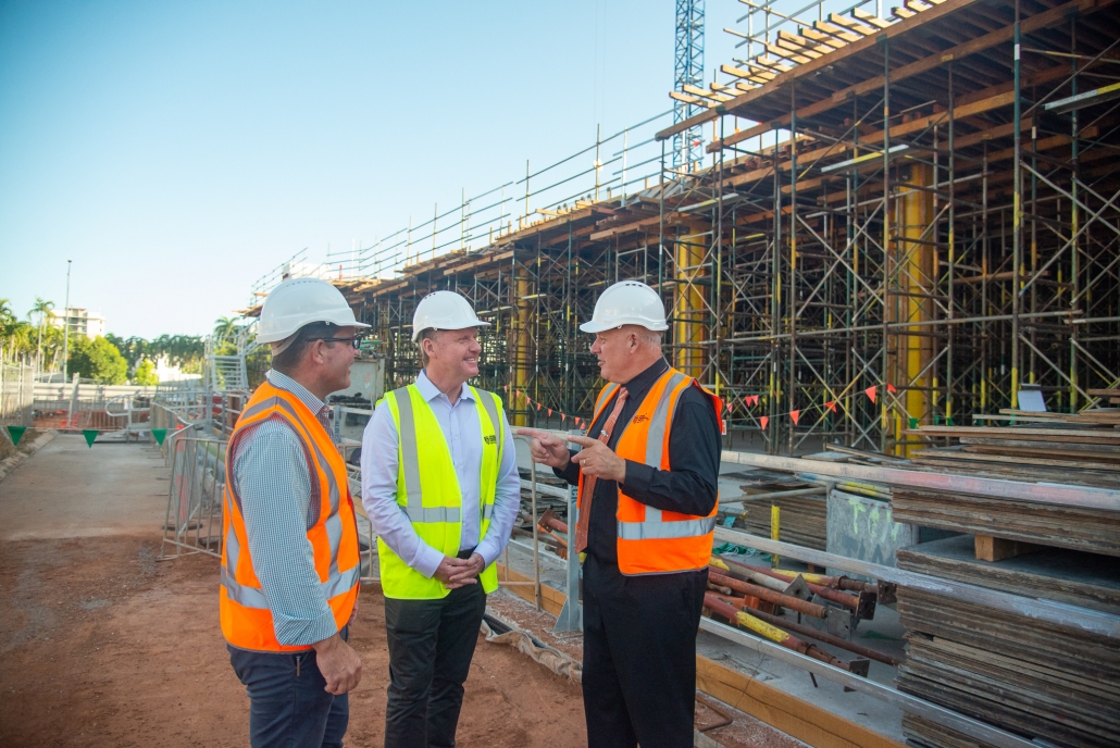 CDU Vice-Chancellor Scott Bowman joined the Federal Member for Solomon, Luke Gosling MP and Northern Territory Minister for Business, Jobs and Training Paul Kirby to survey progress on the $250 million Education and Community Precinct.