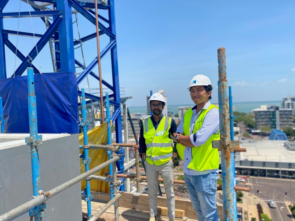 Master of Engineering students Kevin Gondaliya and Allen Glo are completing internships at the construction site of CDU’s new city campus, the Education and Community Precinct.